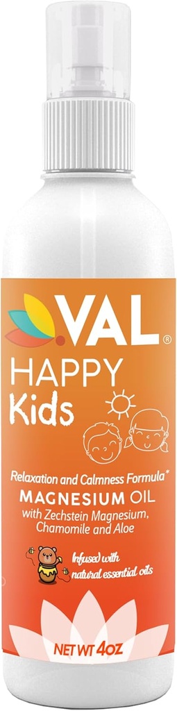 VAL Kids Magnesium Oil Spray – Natural Bedtime Calm &amp; Mood Support ← Zechstein Magnesium, Chamomile &amp; Aloe ← No Itch ← Fast-Absorbing TEN Made in USA TEN 4oz