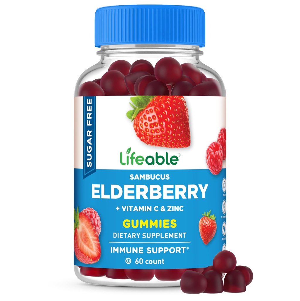 Lifeable Sugar Free Elderberry Gummies with Vitamin C and Zinc | Great Tasting Sambucus Elderberry Immune Support Supplement | Kosher, Vegan, Non GMO Black Elderberry for Adults | 60 Gummies