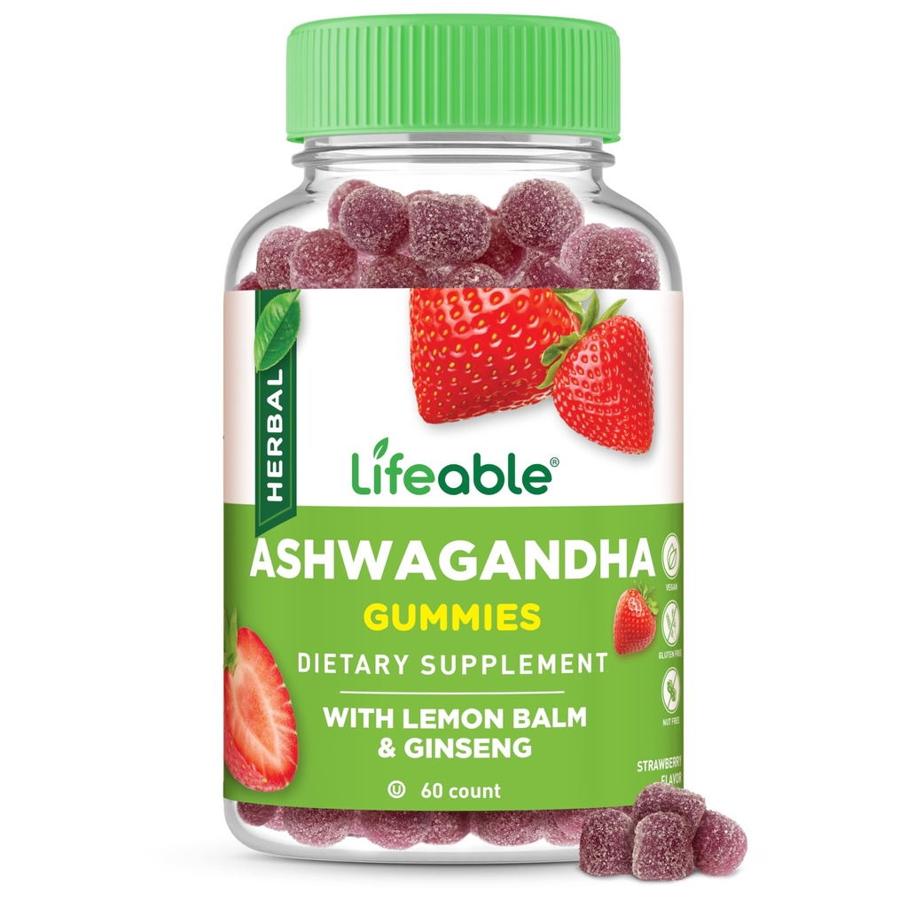 Lifeable Ashwagandha Gummies with Lemon Balm & Ginseng | Vegan Non GMO Ashwagandha Supplement | for Women and Men | 60 Gummies