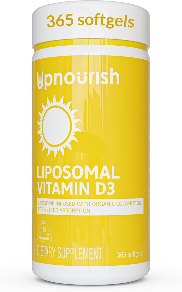 UpNourish Liposomal Vitamina D3 5000 UI Softgels - 1 año de suministro ¦ Orgánica Coconut Oil Infused Vitamin D Suplementos - Soporte Bone, Dental, Corazón, Mood &amp; Immune Health - Non GMO Gluten Free - 365 ct