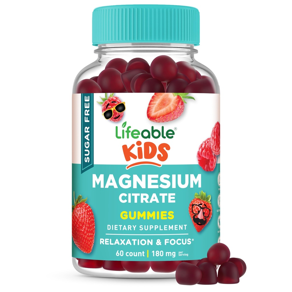 Lifeable Magnesium Citrate Gummies Sugar Free for Kids | Great Tasting Vegan Non-GMO Magnesium Citrate Supplement Gummies | Kids Magnesium Gummies for Muscle and Nerve Function | 60 Count