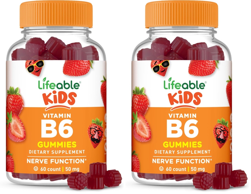 Lifeable Vitamin B6 Gummies for Kids | Great Tasting B6 Vitamins 50mg | Vegan Non-GMO Gluten Free | for Nerve Function Support | 60 Gummies (Pack of 2)