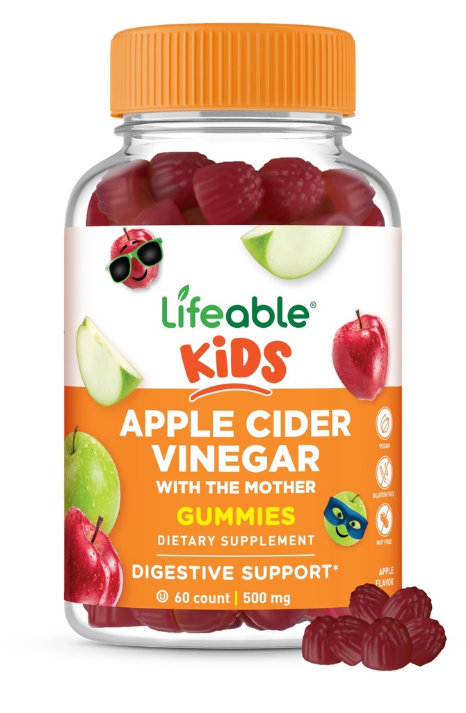 Lifeable Apple Cider Vinegar - for Kids - ACV with The Mother - 500 mg Gummies - Great Tasting Natural Flavor Vitamin Supplement - Gluten Free Vegetarian GMO-Free Chewable - for Children - 60 Gummies