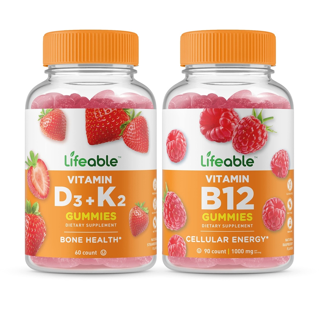 Lifeable Vitamin D3 + Vitamin K2 + Vitamin B12, Gummies Bundle - Great Tasting, Vitamin Supplement, Gluten Free, GMO Free, Chewable Gummy