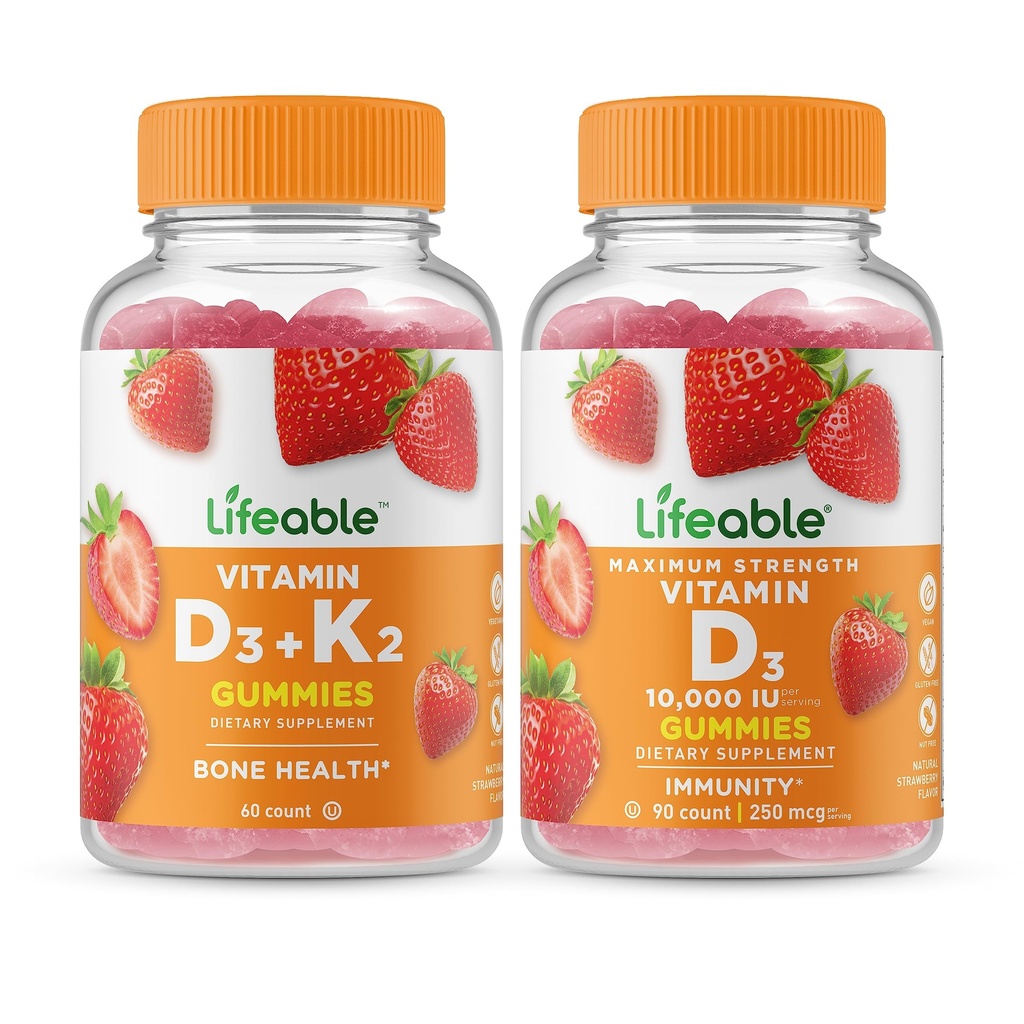 Lifeable Vitamin D3 + Vitamin K2 + Vitamin D 10000 IU, Gummies Bundle - Great Tasting, Vitamin Supplement, Gluten Free, GMO Free, Chewable Gummy