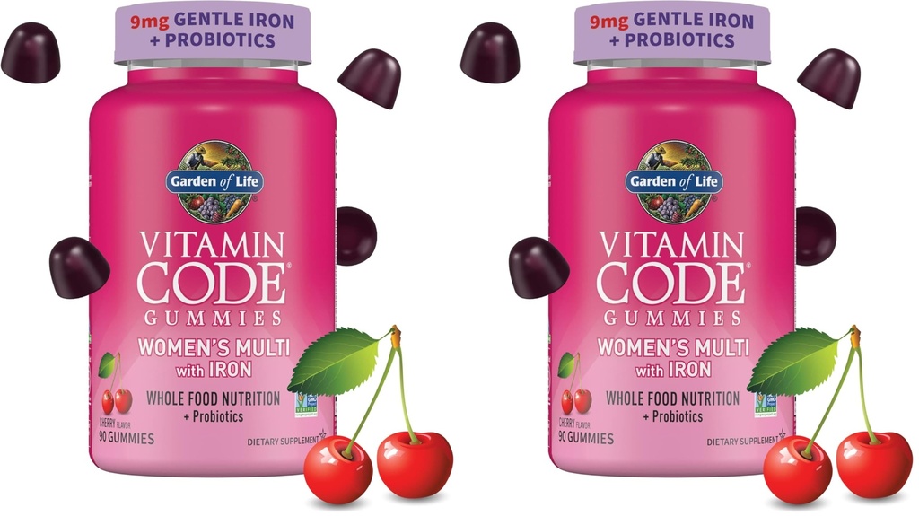 Garden of Life Vitamin Code Women’s Multivitamin Gummy with Iron: Folate, Biotin, D3 & B12 for Hair, Skin,Nails Probiotics for Immune Health, Non-GMO, Gluten-Free, 90 Cherry Gummies (Pack of 2)