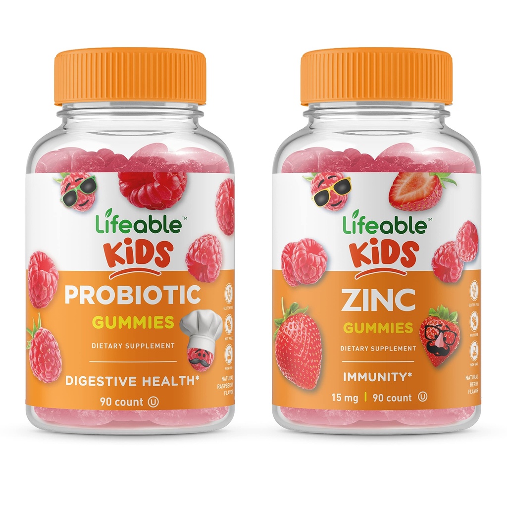 Lifeable Probiotic 2 Billion CFU Kids + Zinc Kids, Gummies Bundle - Great Tasting, Vitamin Supplement, Gluten Free, GMO Free, Chewable Gummy