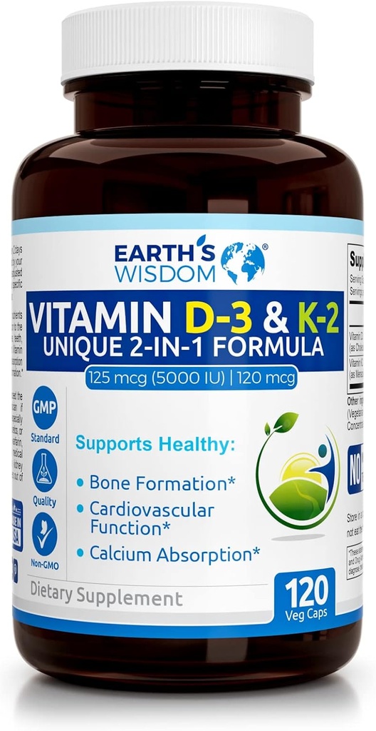 La Sabiduría de la Tierra Vitamina D3 5000 UI con Fórmula K2 (MK7). Muscle, Bone, Heart &amp; Immune Support. Absorción Superior. 120 cápsulas. Libre de Gluten, Dairy, Soy. Fabricado en Estados Unidos.