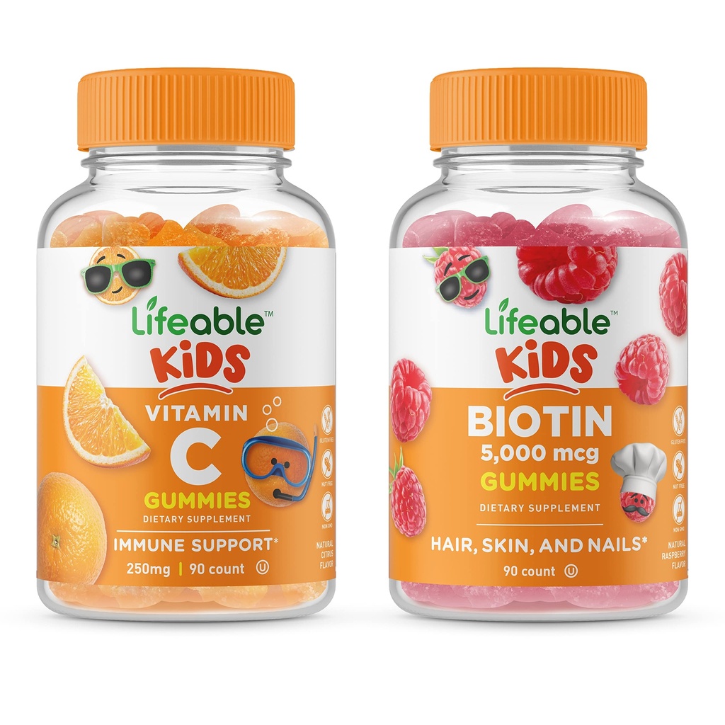 Lifeable Vitamin C Kids + Biotin Kids, Gummies Bundle - Great Tasting, Vitamin Supplement, Gluten Free, GMO Free, Chewable Gummy