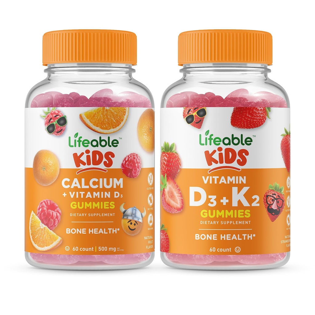 Lifeable Calcium with Vitamin D Kids + Vitamin D3 + Vitamin K2 Kids, Gummies Bundle - Great Tasting, Vitamin Supplement, Gluten Free, GMO Free, Chewable Gummy