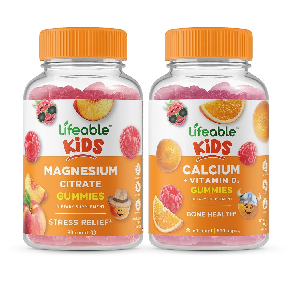 Lifeable Magnesium Citrate Kids + Calcium with Vitamin D Kids, Gummies Bundle - Great Tasting, Vitamin Supplement, Gluten Free, GMO Free, Chewable Gummy