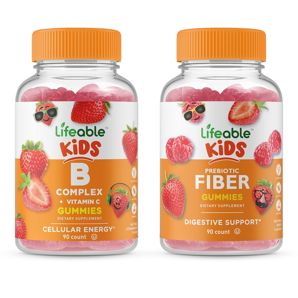 Lifeable B Complex Kids + Prebiotic Fiber Kids, Gummies Bundle - Great Tasting, Vitamin Supplement, Gluten Free, GMO Free, Chewable Gummy