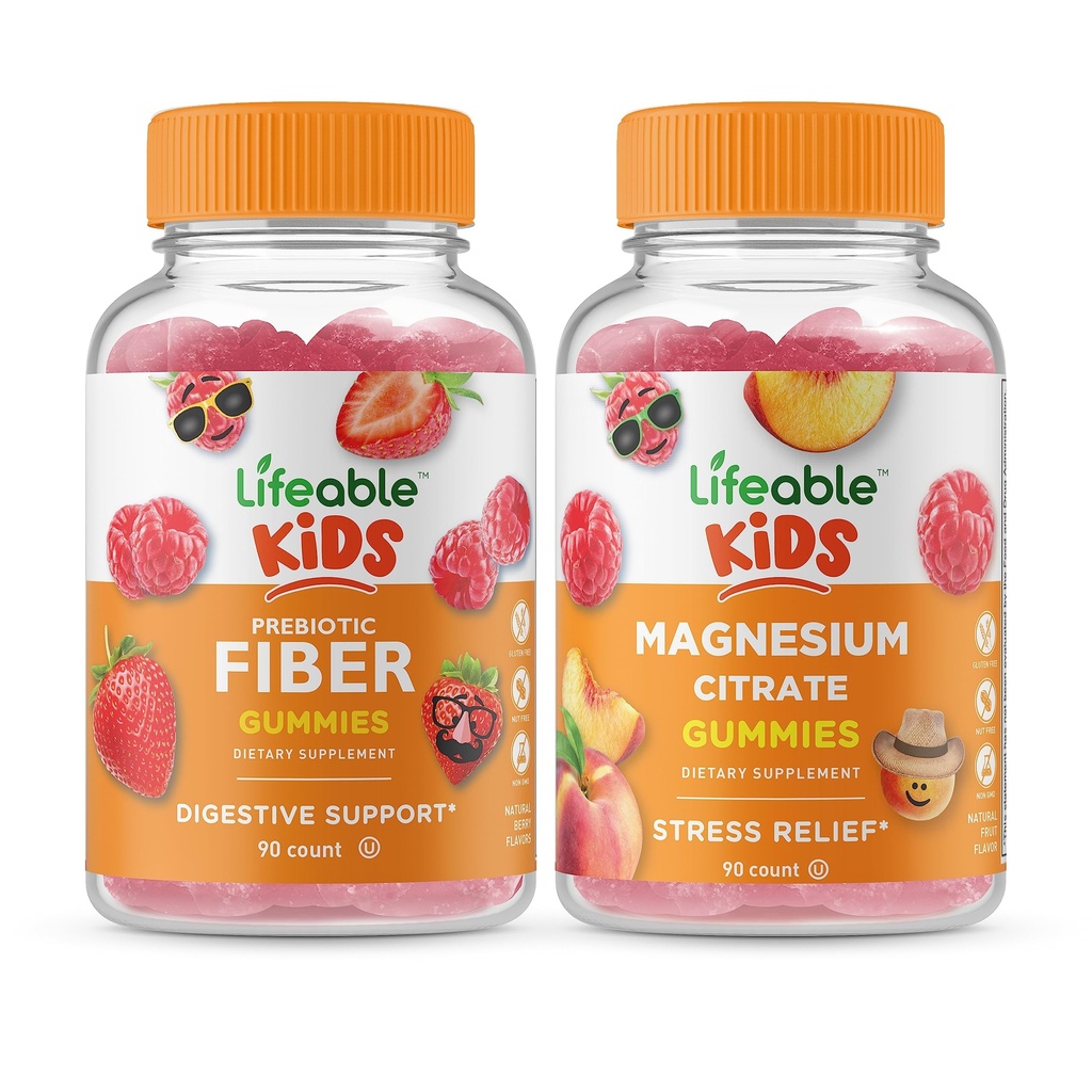 Lifeable Prebiotic Fiber Kids + Magnesium Citrate Kids, Gummies Bundle - Great Tasting, Vitamin Supplement, Gluten Free, GMO Free, Chewable Gummy