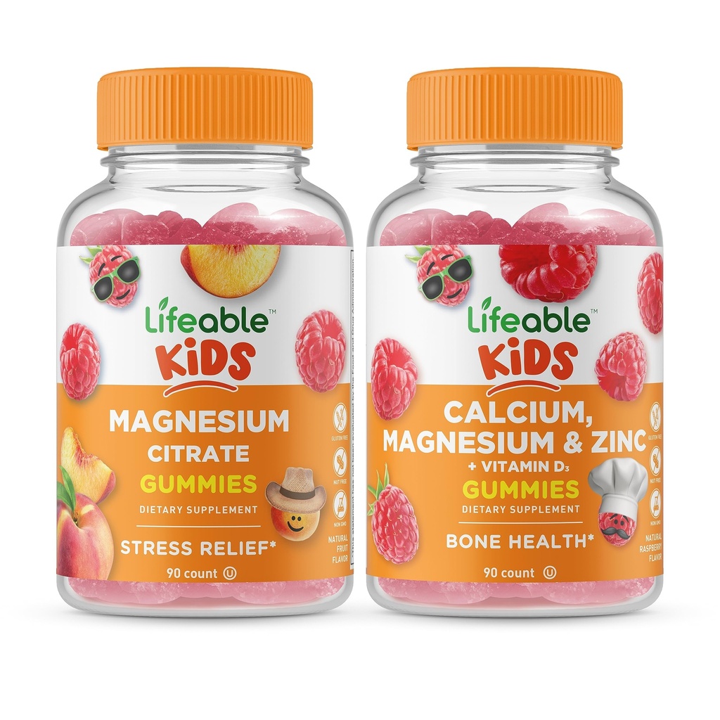 Lifeable Magnesium Citrate Kids + Calcium Magnesium & Zinc Kids, Gummies Bundle - Great Tasting, Vitamin Supplement, Gluten Free, GMO Free, Chewable Gummy