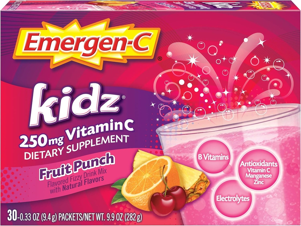 Emergen-C Kidz 250mg Niños Vitamina C Powder, Caffeine Gratis, Immune Support Drink Mix, Fruit Punch Flavor - 30 Conde/1 Month Supply
