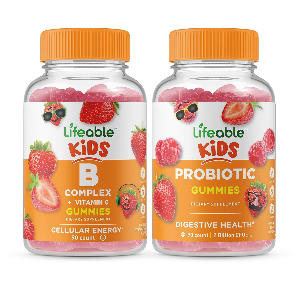 Lifeable B Complex Kids + Probiotic 2 Billion CFU Kids, Gummies Bundle - Great Tasting, Vitamin Supplement, Gluten Free, GMO Free, Chewable Gummy