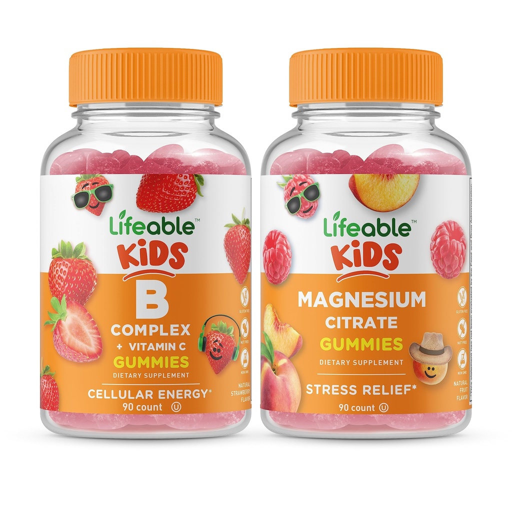Lifeable B Complex Kids + Magnesium Citrate Kids, Gummies Bundle - Great Tasting, Vitamin Supplement, Gluten Free, GMO Free, Chewable Gummy
