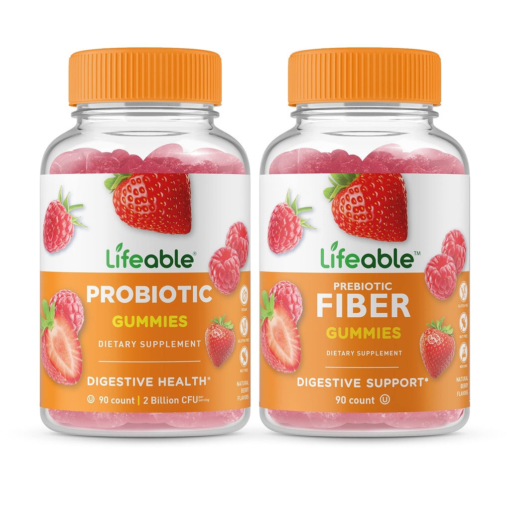 Lifeable Probiotic 2 Billion CFU + Prebiotic Fiber 5g, Gummies Bundle - Great Tasting, Vitamin Supplement, Gluten Free, GMO Free, Chewable Gummy