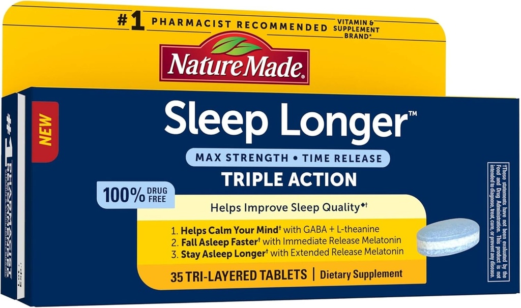 Nature Made Sleep Longer, Melatonin 10mg Time Release Tri-Layer Tablets, Ayuda a mejorar la calidad del sueño, Fall Asleep Faster, Manténgase más largo, L-Theanine y GABA para ayudar a calmar su mente, 35 Tablets