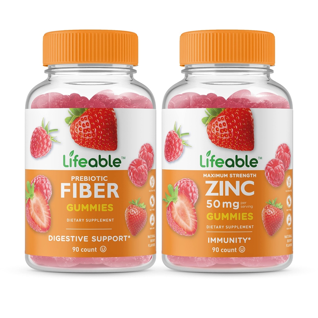 Lifeable Prebiotic Fiber 5g + Zinc 50mg, Gummies Bundle - Great Tasting, Vitamin Supplement, Gluten Free, GMO Free, Chewable Gummy