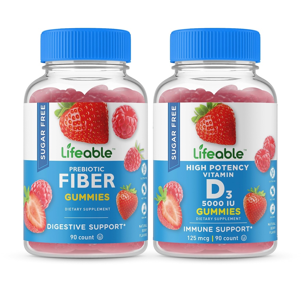 Lifeable Sugar Free Prebiotic Fiber + Vitamin D 5000 IU, Gummies Bundle - Great Tasting, Vitamin Supplement, Gluten Free, GMO Free, Chewable Gummy