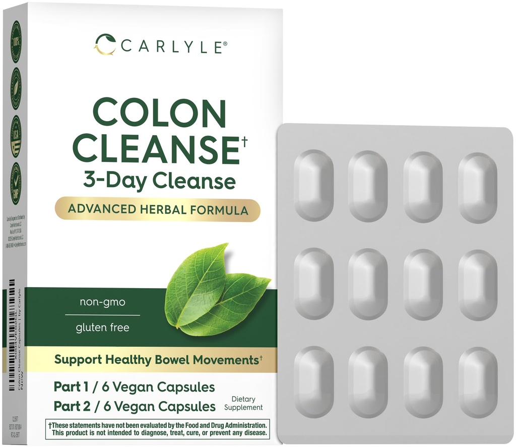 Carlyle Colon Cleanse  12 Vegan Capsules ← 3 Day Cleanse ← Advanced Herbal Formula  Apoyo Healthy Bowel Movements ← Non-GMO and Gluten Free Supplement