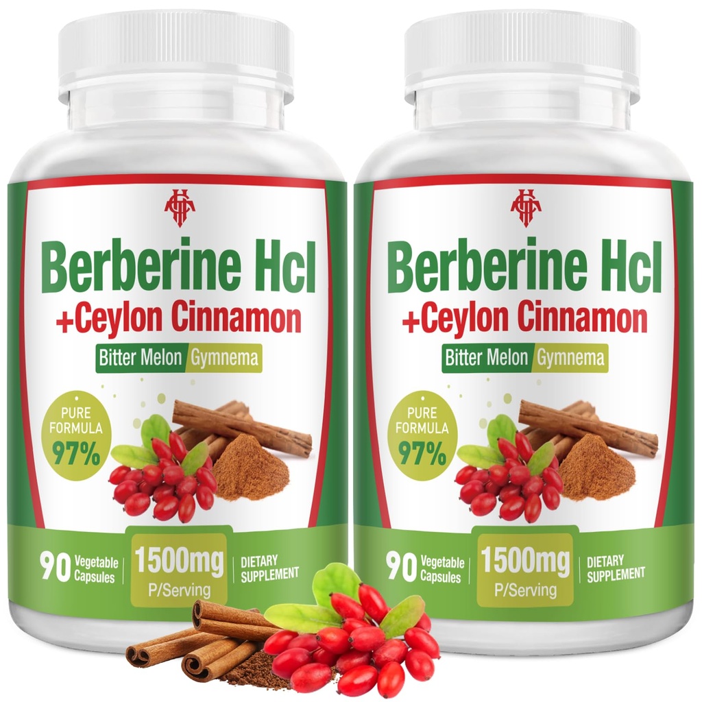 Berberine Supplement 1500mg - Premium Berberine HCl 97% Purity Berberine Plus Pure Ceylon Cinnamon, High Potency Berberine for Men Women, Non-GMO Vegan 2Pack