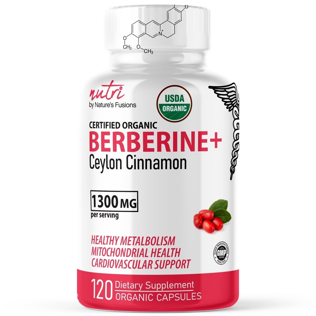Nature's Fusions Nutri USDA Berberine with Ceylon Cinnamon Extract 1300mg - Berberine HCL - 100mg Organic Supplement - 120 Capsules (60 Servings) Vegan, Gluten Free