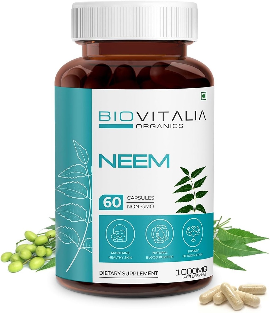 Biovitalia Plant Based Neem 1000mg Capsule for Men ' Women ← Suplemento dietético ← Apoyo saludable " Promover la desintoxicación - 60 cápsulas veganas