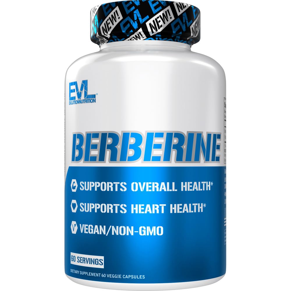 Evlution Nutrition Berberine - Supports Heart Health & Overall Health - 500mg Pure Berberine Per Serving - Vegan Formula - Non-GMO - Dietary Supplement - 60 Servings - 60 Veggie Capsules