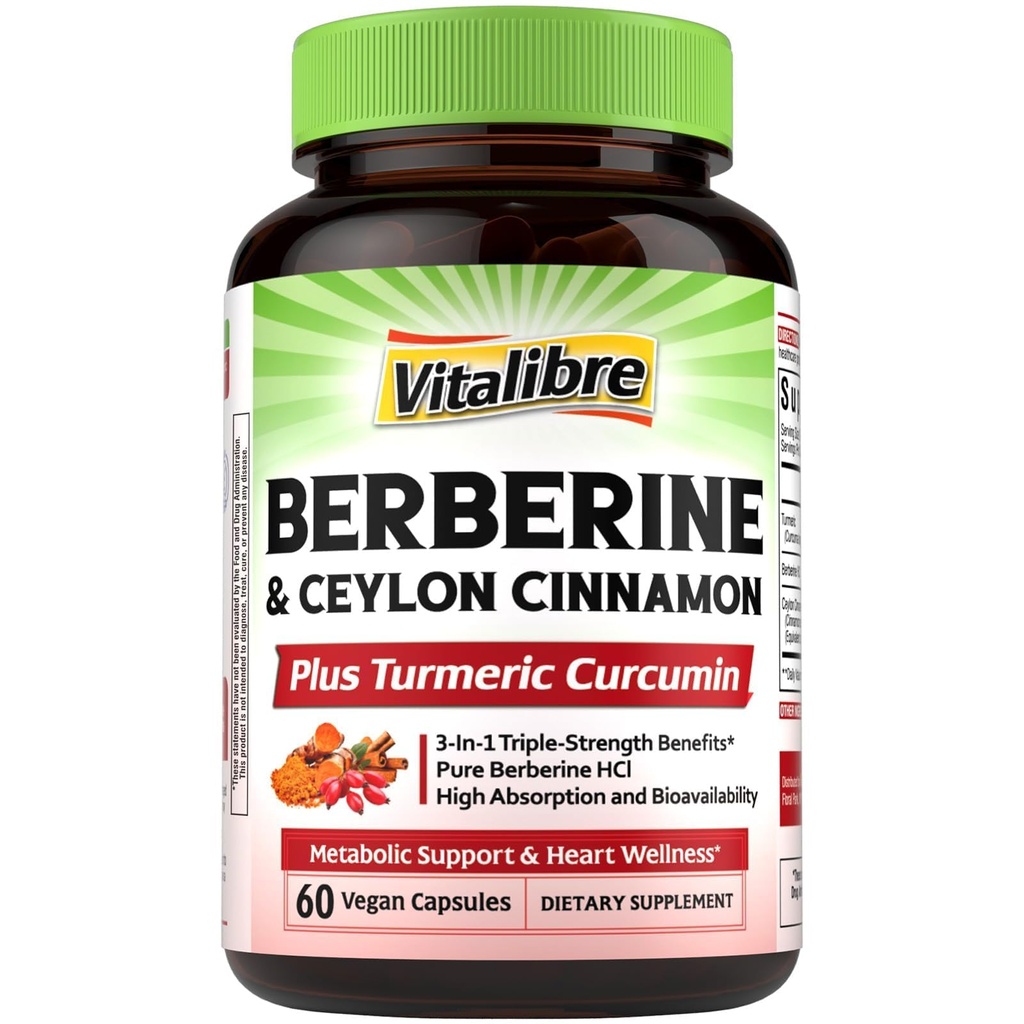Vitalibre Berberine with Ceylon Cinnamon, Turmeric Root, Triple Strength, 97% High Potency Berberine HCl, Support Metabolism, Heart Health, Immune System, Vegan, 60 Capsules