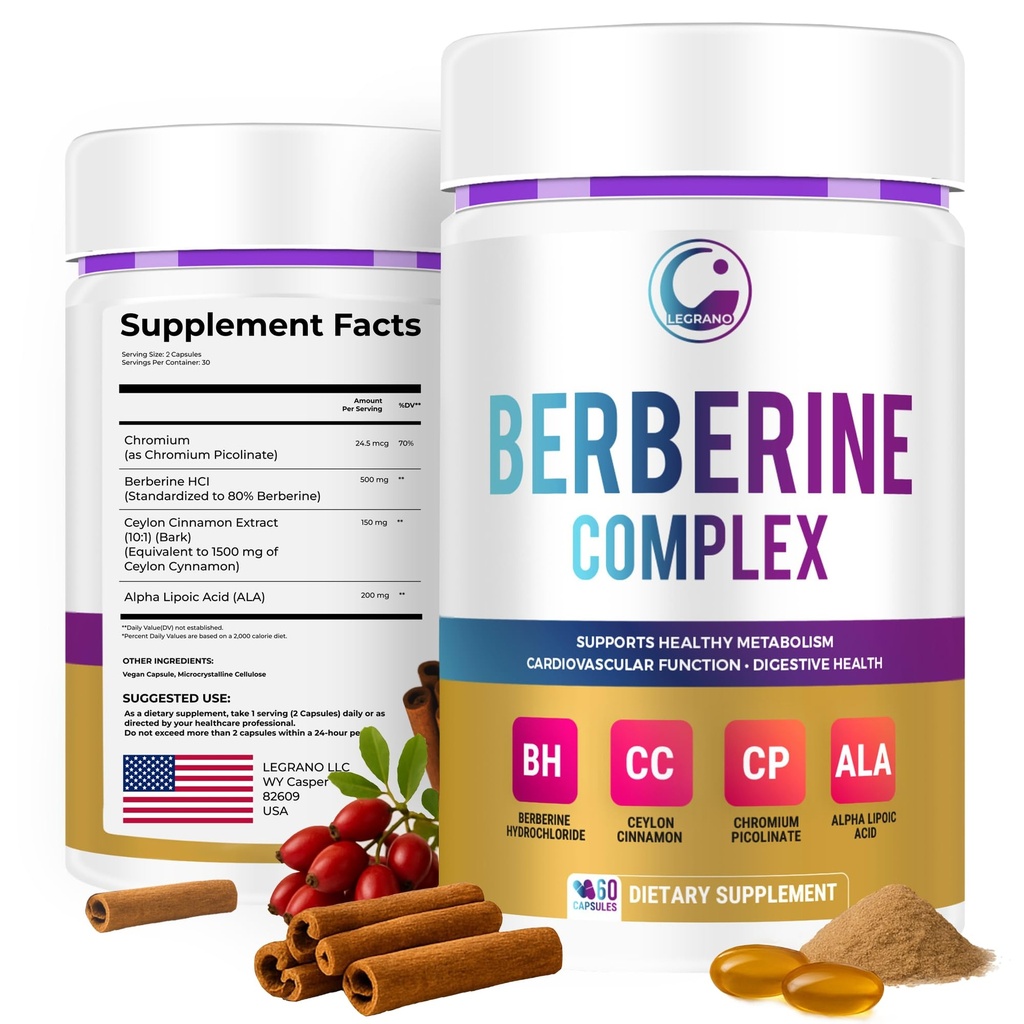LEGRANO Berberine Supplement 500mg with Ceylon Cinnamon, ALA & Chromium – Berberine Complex for Glucose Metabolism & Heart Support – 60 Vegan Capsules