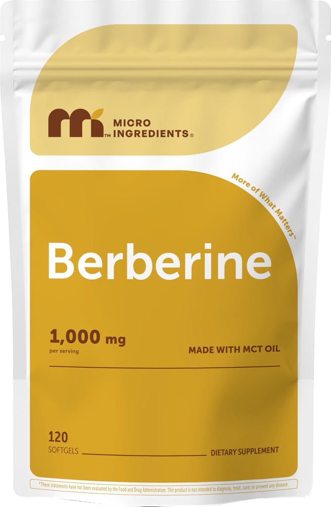 Micro Ingredients Berberine 1000mg with MCT Oil, 120 Softgels | Berberine HCI from Berberis Aristata | Non-GMO, Gluten Free, No Soy