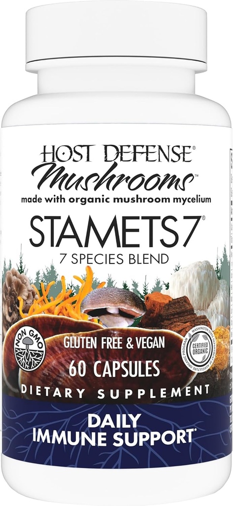 Host Defense Stamets 7-7 Species Blend - Mushroom Supplement for Immune Support - Incluye Royal Sun Blazei, Cordyceps, Reishi, Maitake, Lion's Mane, Chaga & Mesima - 60 cápsulas (30 servidos)*