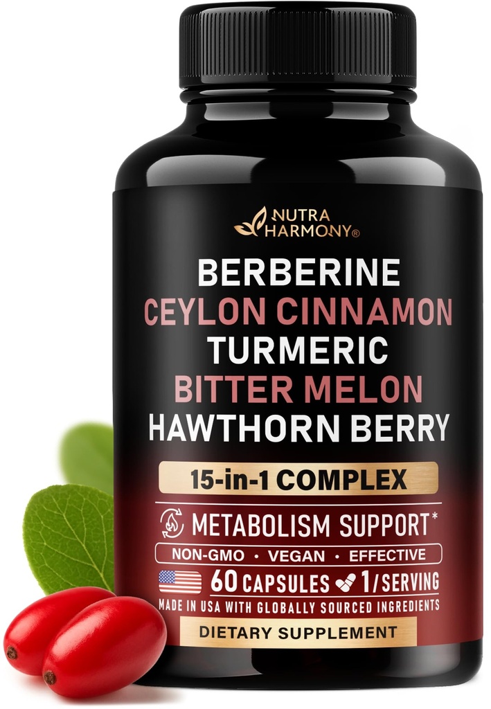 Berberine with Ceylon Cinnamon | Bitter Melon (Karela) | Apple Cider Vinegar | Hawthorn Berry | Citrus Bergamot | Turmeric - 15-in-1 Supplement for Heart Support, Metabolism & Energy - 60 Capsules