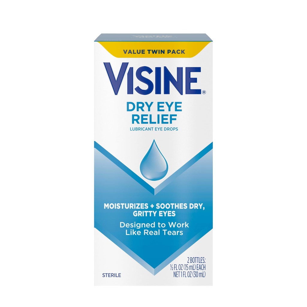 Visine Dry Eye Relief Lubricant Eye Drops to Moisturize and Soothe Irritated, Gritty and Dry Eyes, Designed to Work Like Real Tears, Polyethylene Glycol 400, 0.5 fl. oz, 2 Pack