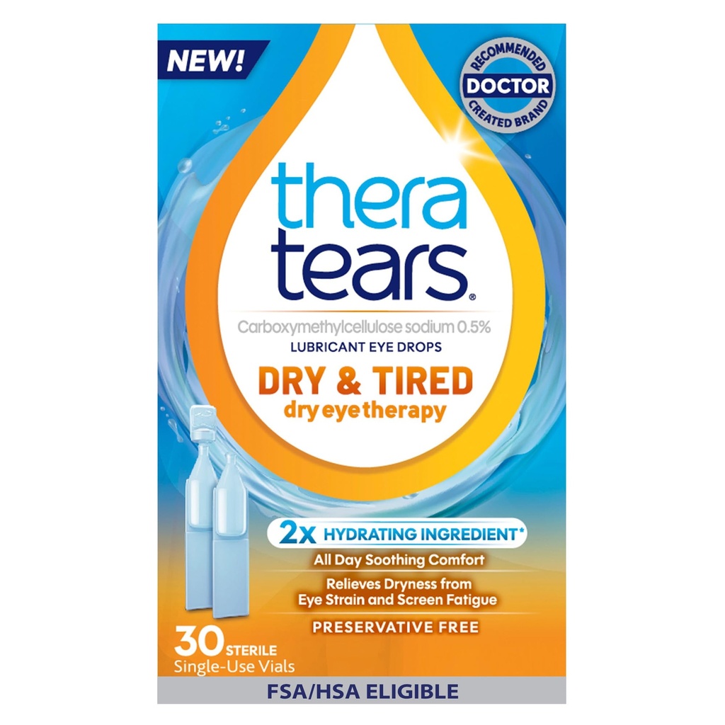 TheraTears Dry & Tired Preservative-Free Eye Drops for Dry Eye Relief and Daily Eye Care, 30 Single-Use Vials