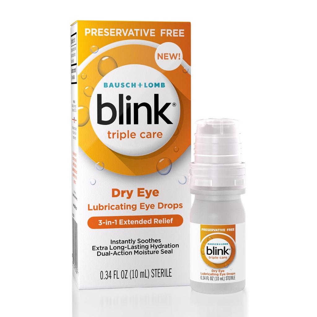 Blink Triple Care Preservative Free Lubricating Eye Drops - Clinically Proven 3-in-1 Relief for Dry Eyes with Hyaluronic Acid & Lipid Nano-Emulsion, Up to 10 Hours of Relief*