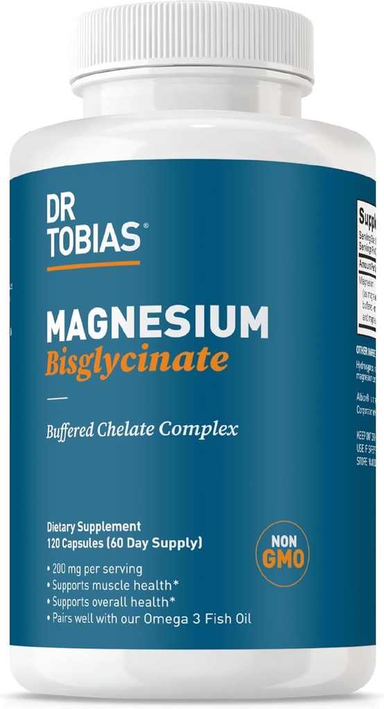Dr. Tobias Magnesium Bisglycinate, High Absorption Magnesium Buffered Chelate Complex, 200 mg per Capsule, Supports Energy, Muscle, Bone & Joint Health, Non-GMO Magnesium Supplement, 120 Capsules