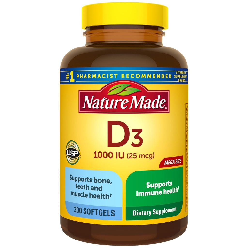 Nature Made Vitamin D3 1000 IU (25 mcg), Vitamin D Supplement for Bone, Teeth, Muscle and Immune Health Support, 300 Softgels, 300 Day Supply