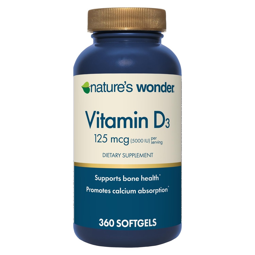 Nature's Wonder Vitamin D3 5000iu (125mcg) High Potency, Dietary Supplement to Support Bone Health and Immune System, Gluten Free, 360 Softgels, 1 Year Supply