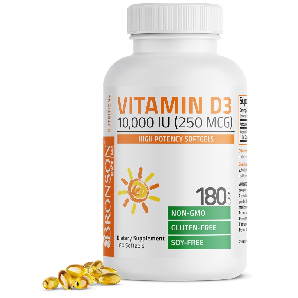 Bronson Vitamin D3 10,000 IU (250 mcg) High Potency - Supports Healthy Immune System, Strong Bones, Muscles & Teeth - Non GMO, 180 Softgels