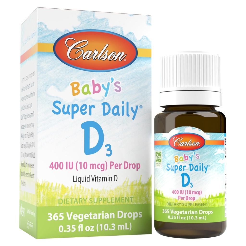 Carlson - Baby's Super Daily D3, Baby Vitamin D Drops, 400 IU (10 mcg) per Drop, 1-Year Supply, Vegetarian, Liquid Vitamin D Drops for Infants and Toddlers, Unflavored, 365 Drops