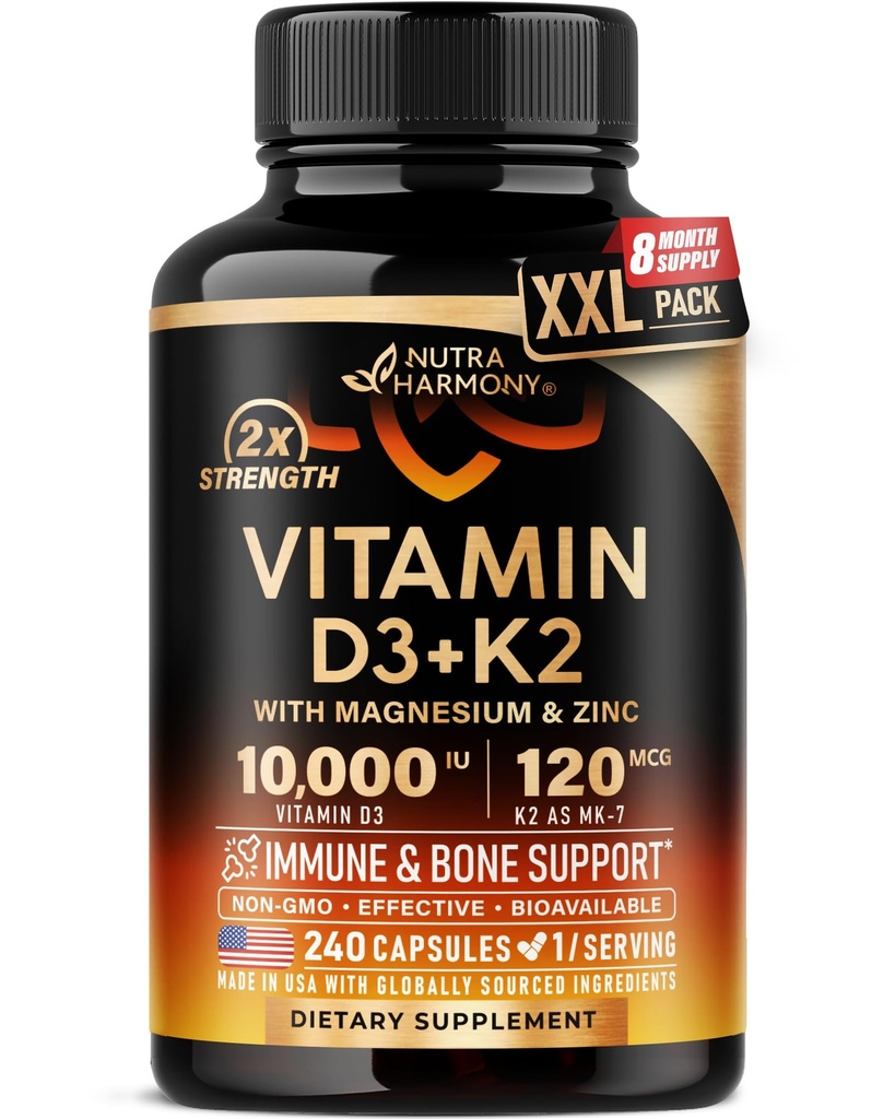Vitamin D3 K2 - Vitamin D3 10000 iu & K2 as MK-7 120 mcg - Immune & Mood Support, for Bone & Teeth Health - with Magnesium, Zinc & Vitamin C & B12 - Highly Bioavailable - Made in USA, 240 Capsules