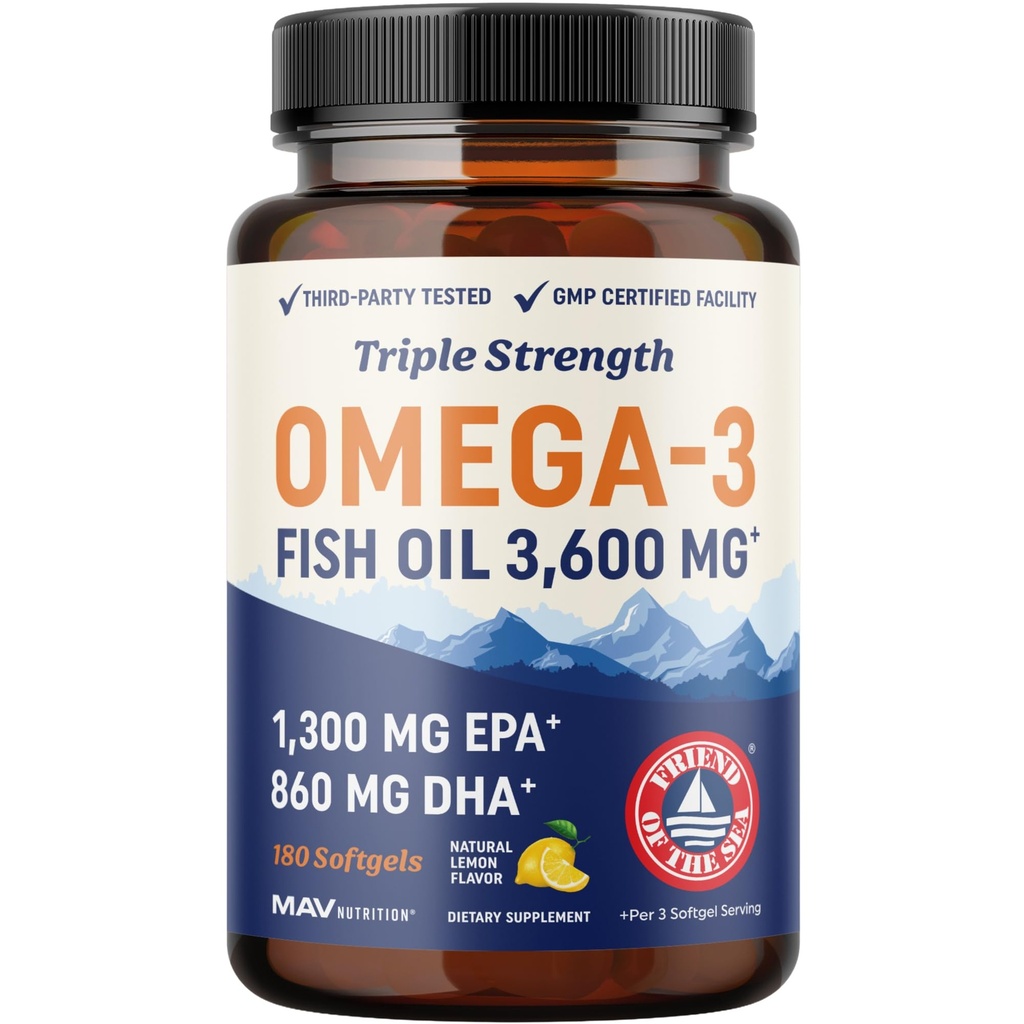 Triple Strength Omega 3 Fish Oil 3600 mg | EPA & DHA | Over 2100mg Omega-3 Fatty Acids | 1300mg EPA + 860mg DHA | Best Essential Fatty Acids | Premium Wild Caught & Burpless Fish Oil | 180 Ct