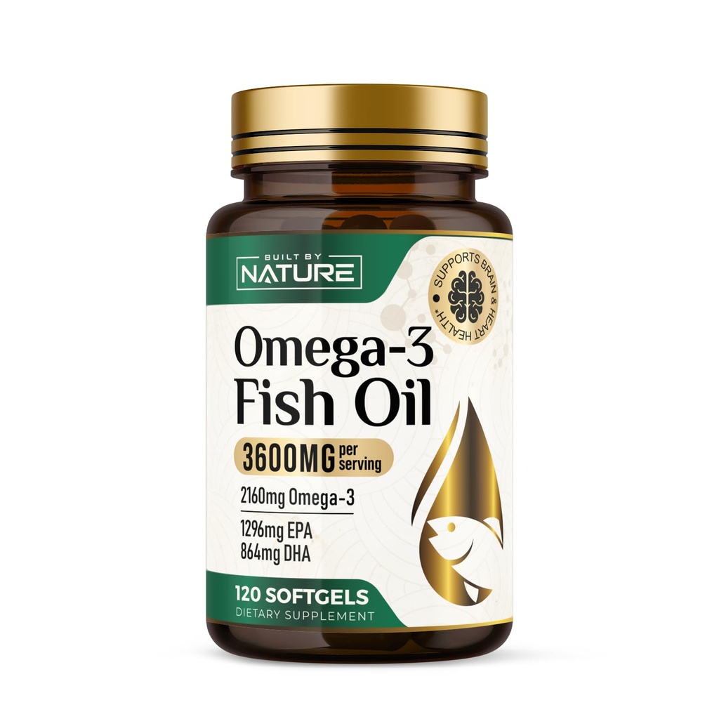 Built by Nature Omega-3 Fish Oil 3600mg – High EPA & DHA – 2160mg Omega 3s per Serving – Triple Strength Burpless Softgels – Heart & Brain Support – 120 Softgels