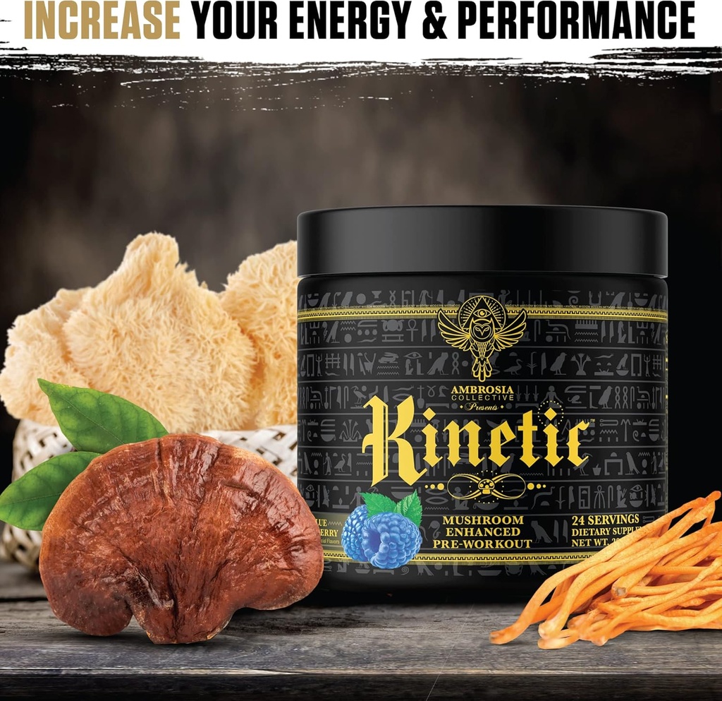 Ambrosia Kinetic Organic Preworkout, Mushroom Enhanced Natural Pre Workout Suplemento, Nootropic Superfood Powder for Energy (Blue Raspberry)