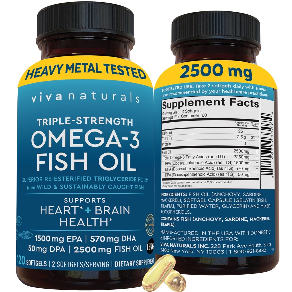 Viva Naturals Omega 3 Fish Oil Supplement for Women and Men - 2500 mg Triple Strength Fish Oil Pills with Re-Esterified Omega 3 Fatty Acids Including EPA, DHA DPA - 120 Pescatarian-Friendly Softgels