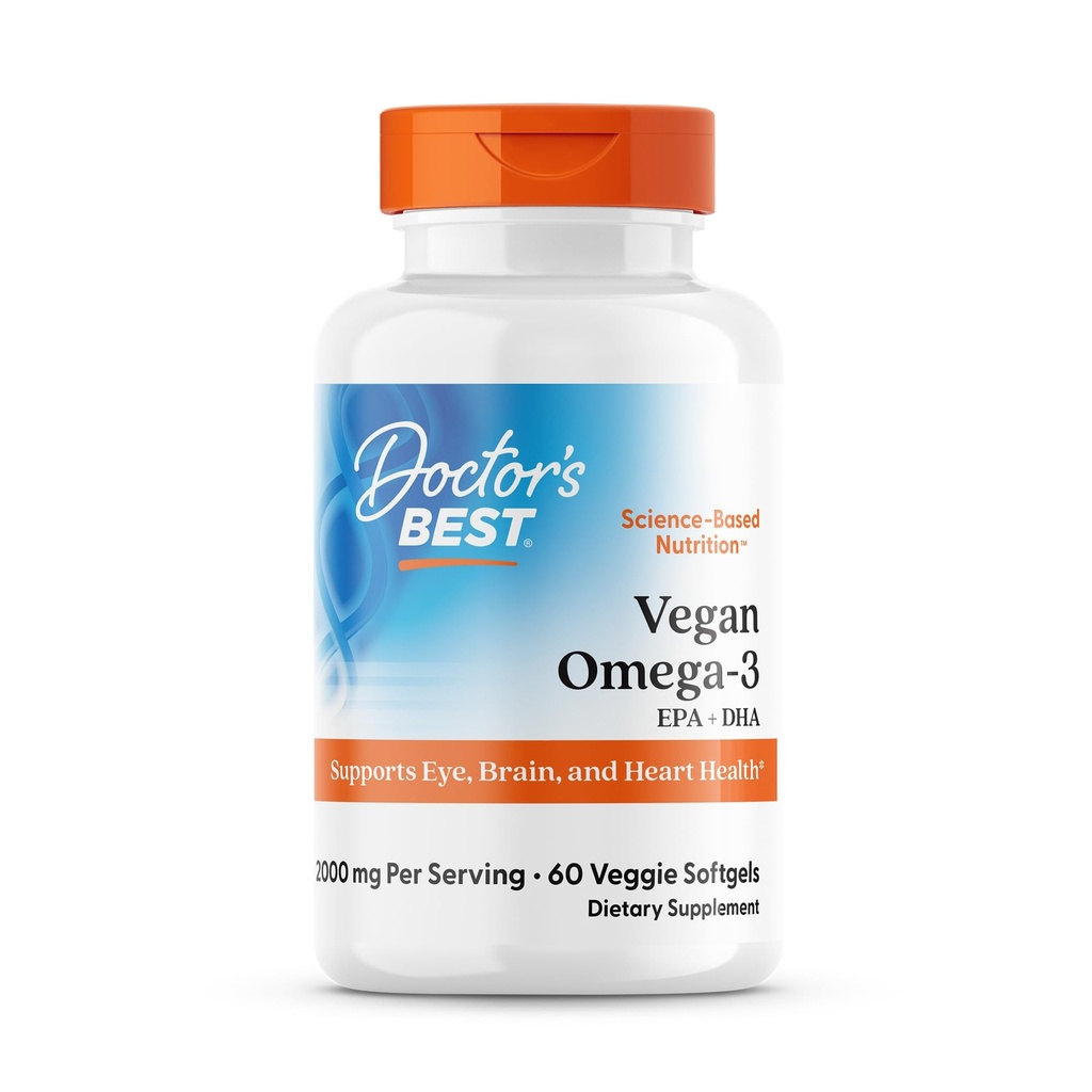 Doctor's Best Vegan Omega-3 EPA + DHA, Supports Eye, Brain, and Heart Health, Non-GMO, Gluten Free, Vegan, 60 Veggie Softgels