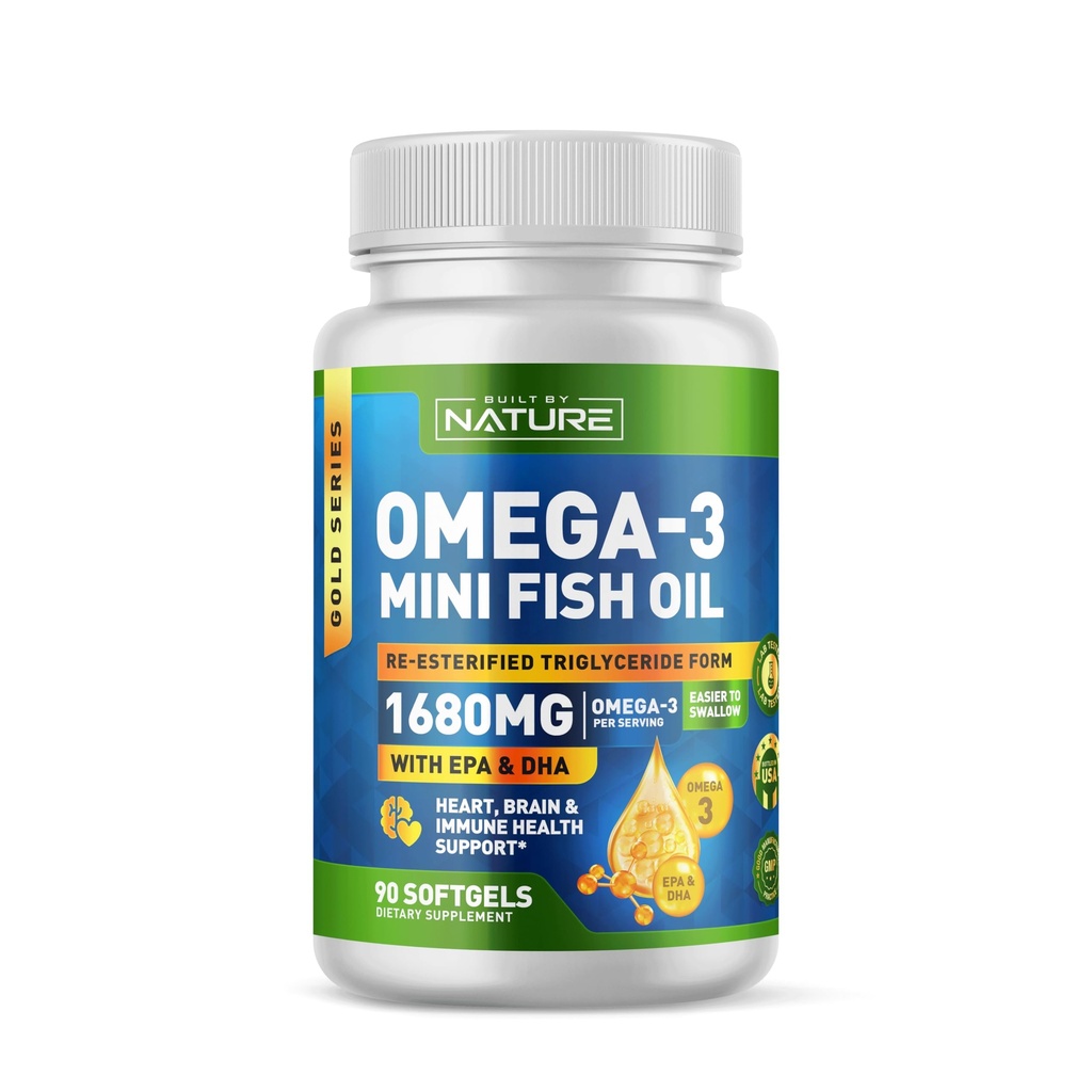 Built by Nature Omega 3 Mini Fish Oil – Re-esterified Triglyceride Form (rTG) – High Omega-3 1680mg, EPA and DHA - Small & Easier to Swallow – 90 Softgels